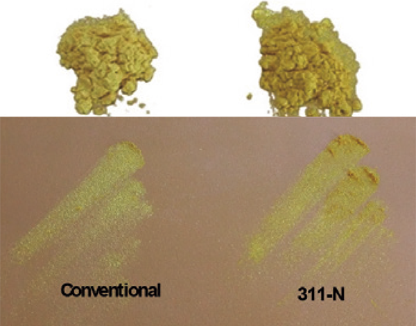 Coloration development when applied to an artificial skin model (Comparison with our conventional products)